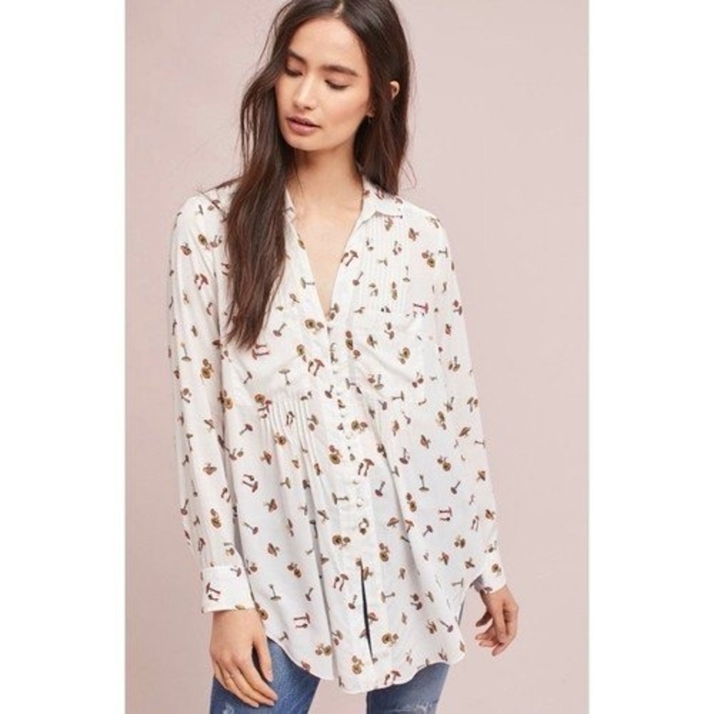 Maeve Matilda Mushroom Print Pintuck Blouse Whimsical Goblincore White Medium